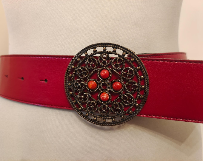 80's Vintage Wide Red Faux Leather Belt With Metal Buckle