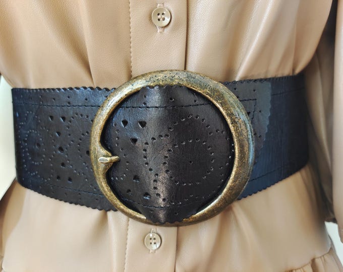 Wide Black Real Leather Belt With Round Metal Buckle by Pieces