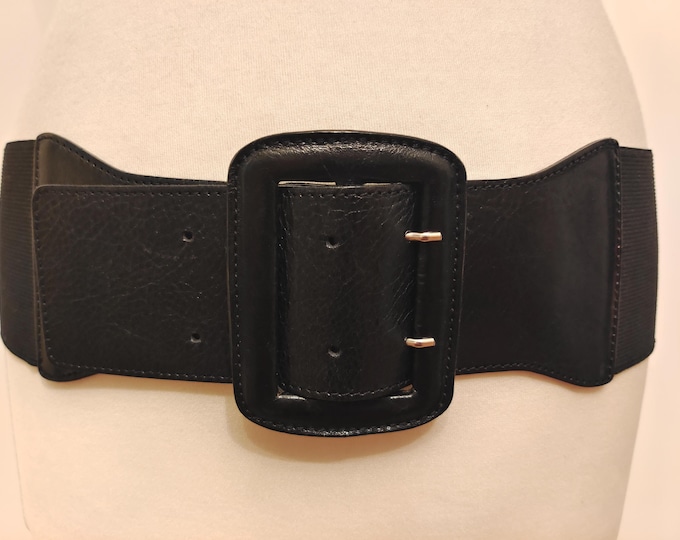 Extra Wide Black Elastic Fabric & Leather Belt by Laura Guidi