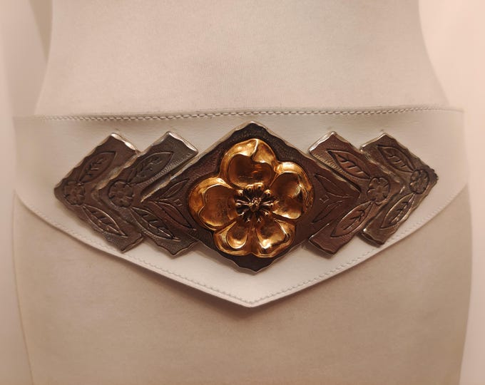 80's Vintage Wide White Real Leather Belt With Silver Metal Buckle