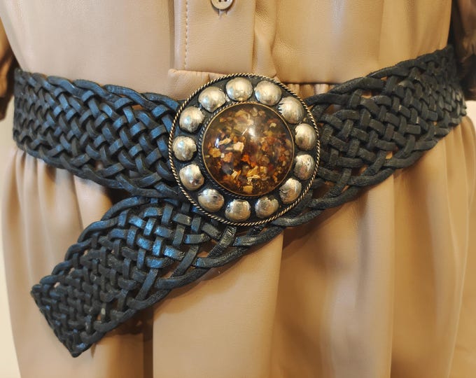 90's Vintage Black Real Leather Adjustable Belt