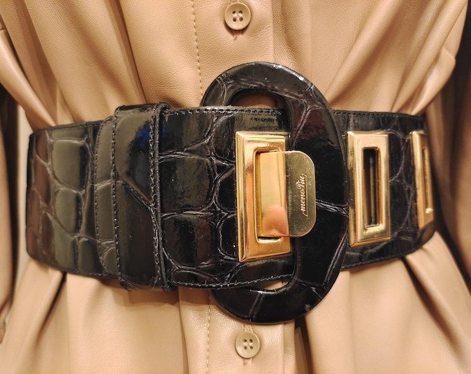 90's Vintage Wide Black Real Leather Belt With Golden Metal Elements by MenoPiu