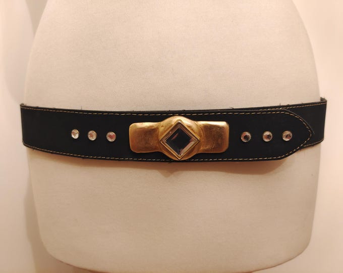 80's Vintage Faux Leather Black Belt With Golden & Gems Buckle
