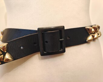 90's Vintage Black Real Leather Golden Metal Studded Heavy Belt