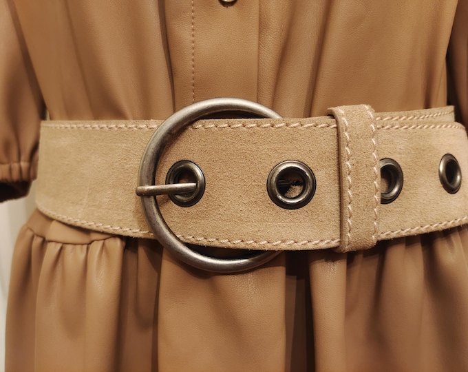 Wide Beige Real Leather Belt With Silver Metal Buckle by More & More