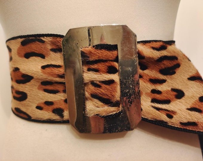 90's Vintage Christian Dior Leopard Fur Leather Belt, Adjustable