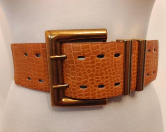 Wide Mustard Elastic Belt With Golden Metal Buckle