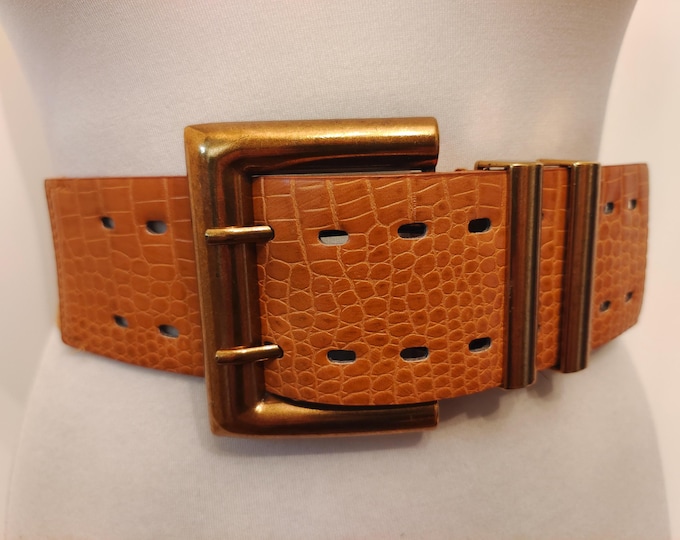 Wide Mustard Elastic Belt With Golden Metal Buckle