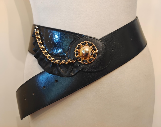 80's Vintage Wide Black Faux Leather Belt With Chains Buckle