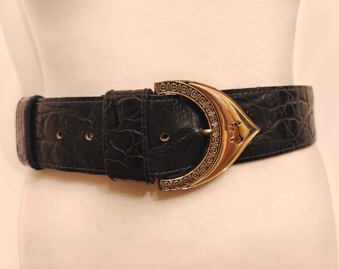 Wide Black Faux Leather Vintage 80's Patent Belt With Golden Buckle