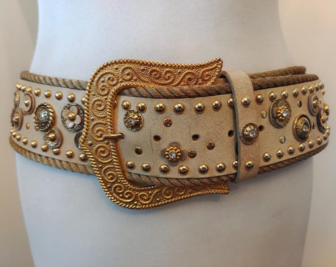 Wide Heavy Beige Golden Faux Leather Studded Belt With Big Golden Buckle by Nanni Made in Italy