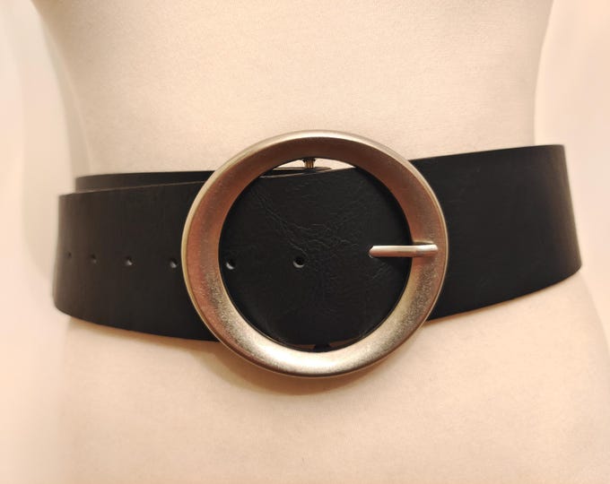 Wide Black Faux Leather Belt With Round Buckle