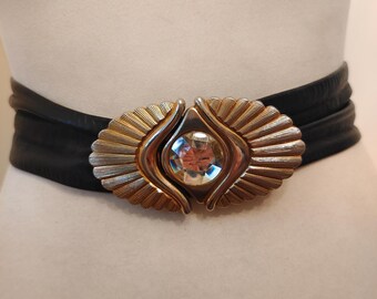 90s Vintage Black Leather Belt: Golden Gems Buckle, St  display picture 1