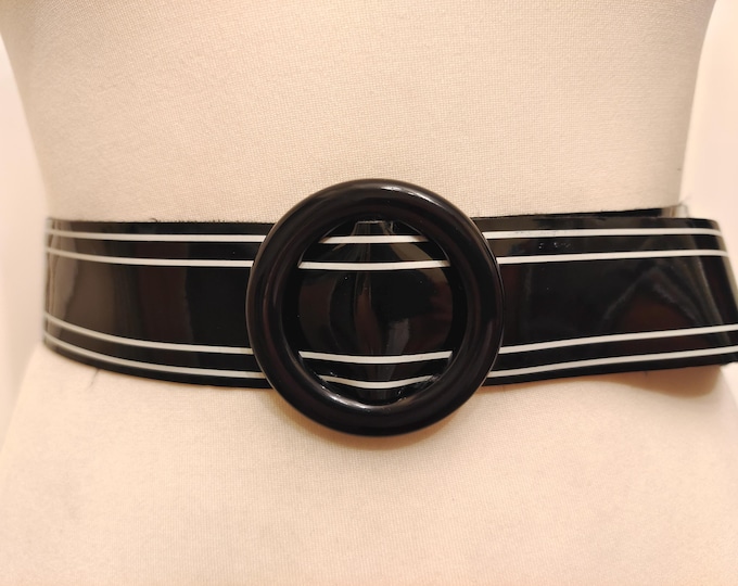 80's Vintage Adjustable Black PVC Belt With Ring Buckle