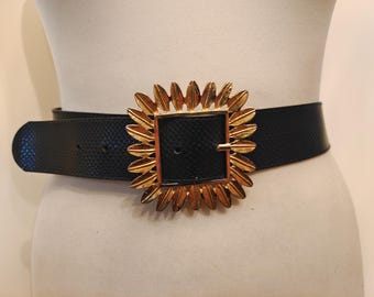 80's Vintage Black Faux Leather Belt With Golden Buckle