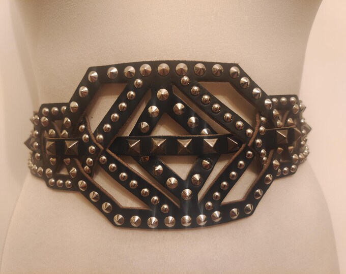 Wide Black Real Leather Studded Elastic Belt by River Island Made in Italy
