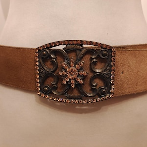 90&#39;s Vintage Faux Leather Wide Brown Belt With Metal Gems Buckle Made in France