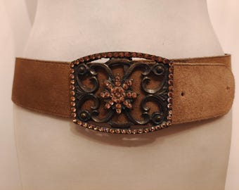 90's Vintage Faux Leather Wide Brown Belt With Metal Gems Buckle Made in France