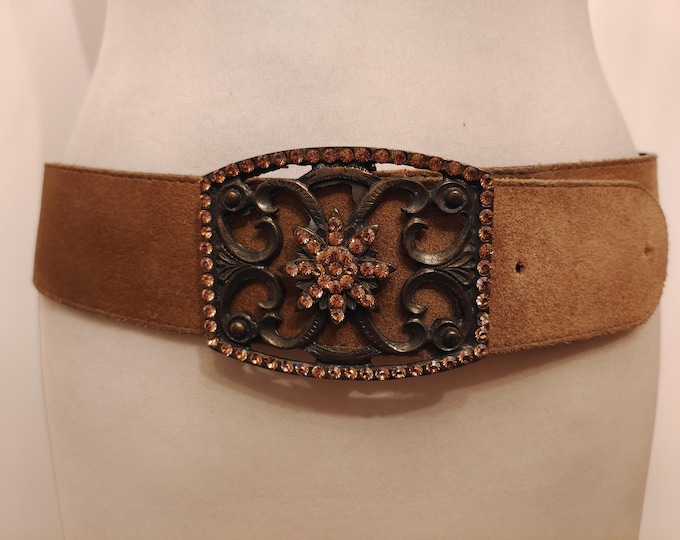 90's Vintage Faux Leather Wide Brown Belt With Metal Gems Buckle Made in France