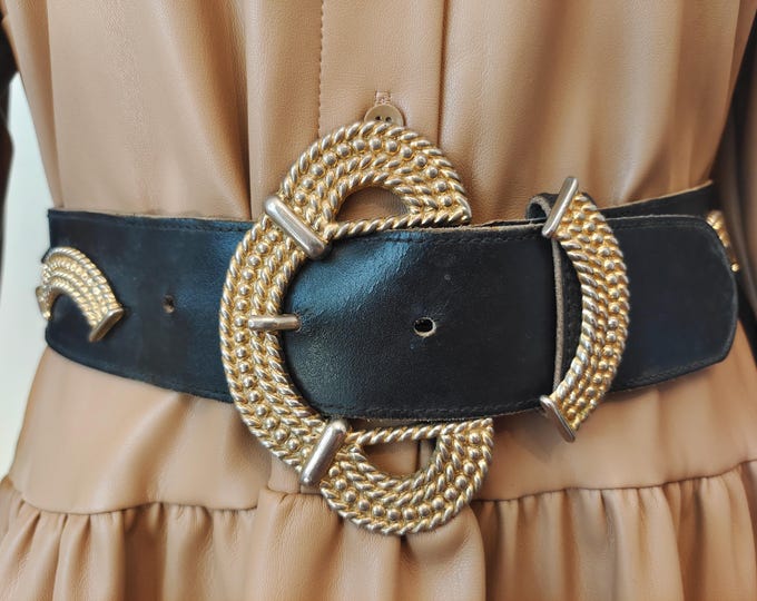 90's Vintage Black Real Leather Belt With Golden Metal Buckle