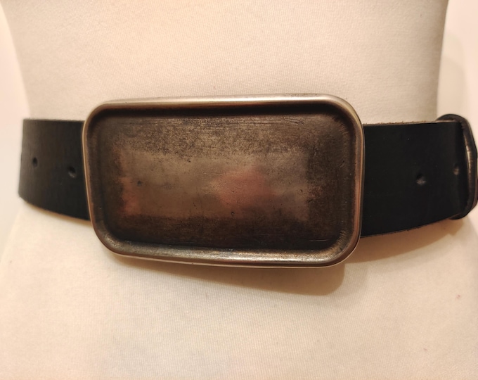 Extra Long Black Real Leather Belt With Huge Silver Buckle Made in Italy