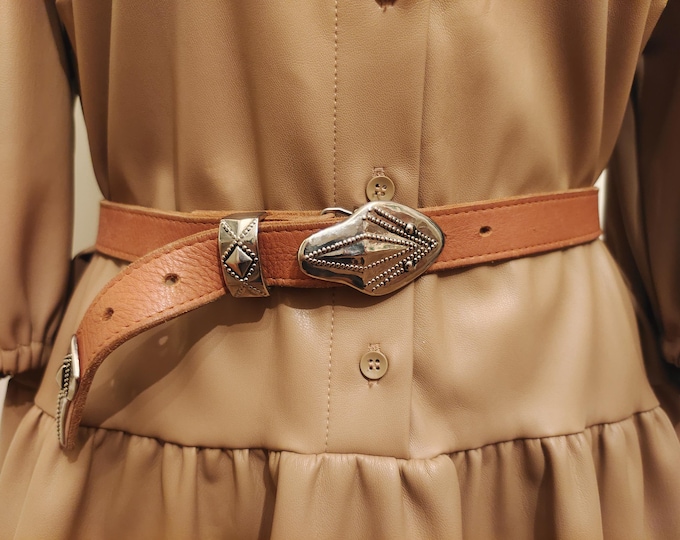90's Vintage Brown Real Leather Belt With Silver Metal Snake Buckle