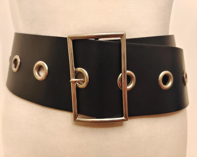 90's Vintage Wide Black Real Leather Adjustable Belt Made in France