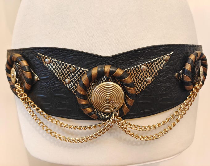 80's Vintage Wide Black Faux Leather Belt