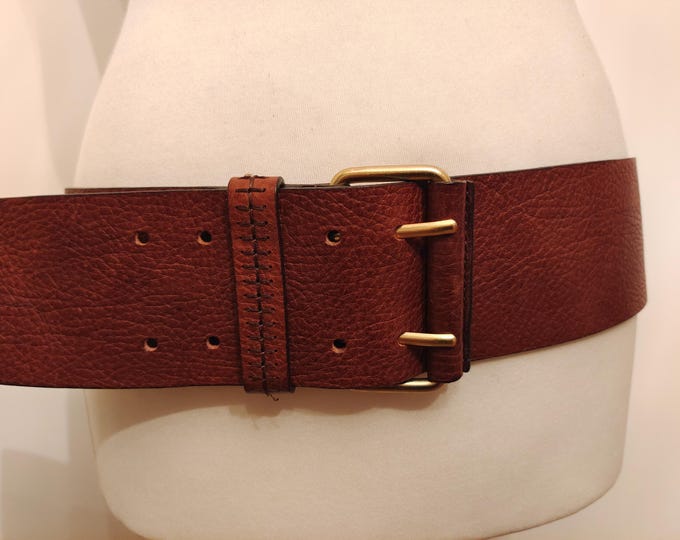 Wide Brown Leather Double Prong Belt, Made in Italy