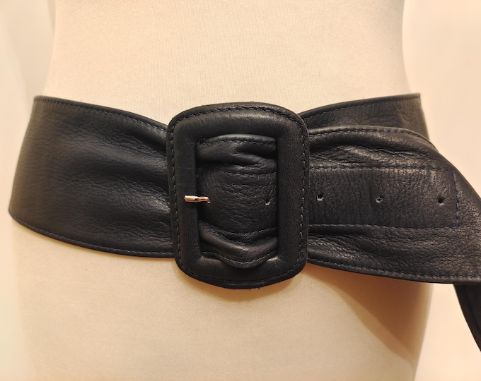 90's Vintage Wide Black Real Leather Belt