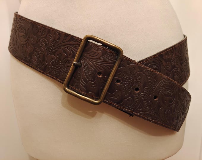 Wide Brown Real Leather Embossed Belt by Esisto Made in Italy