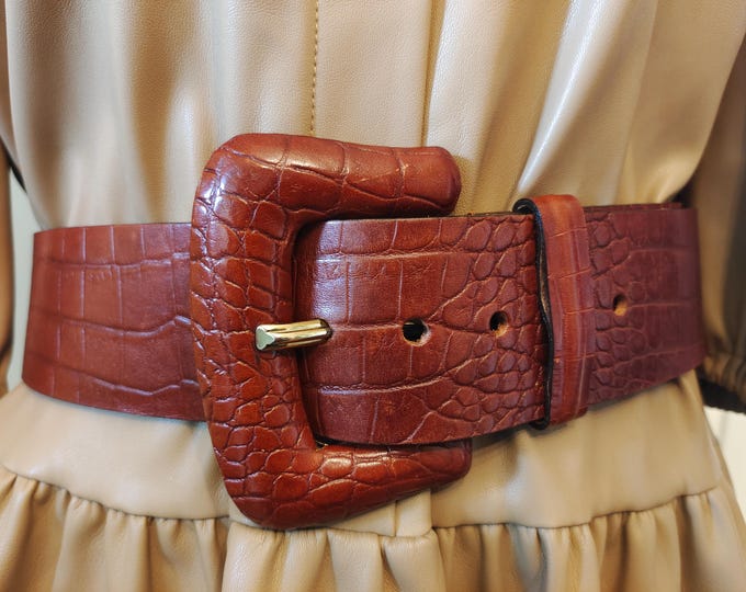 90's Vintage Wide Brown Real Leather Belt by GioGio Made in Italy