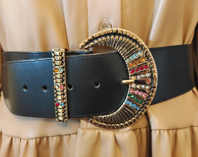 90's Vintage Wide Black Real Leather Belt With Golden Gems Buckle