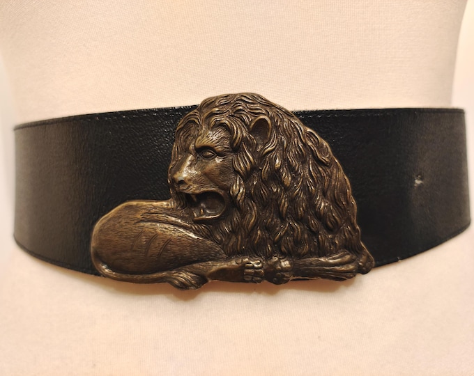80's Vintage Wide Black Real Leather Belt With Metal Lion Buckle