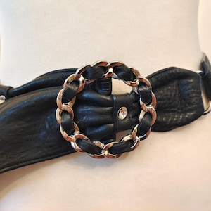 Wide Black Real Leather Adjustable Belt With Round Metal Buckle