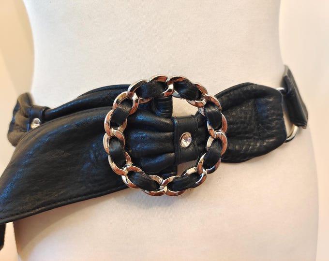 Wide Black Real Leather Adjustable Belt With Round Metal Buckle