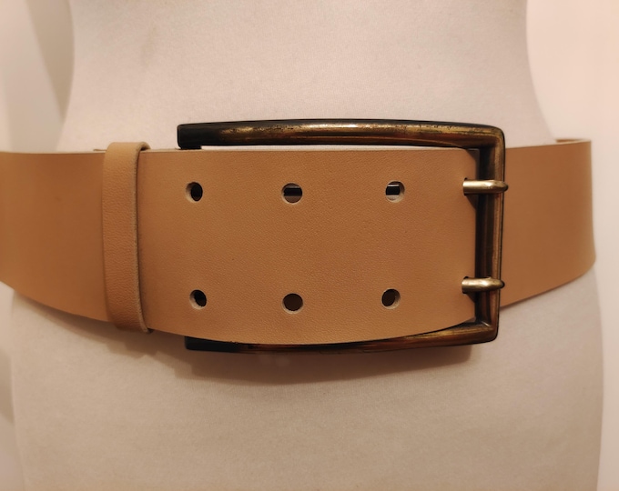Wide Beige Real Leather Double Prong Belt With Huge Metal Buckle by Wittchen