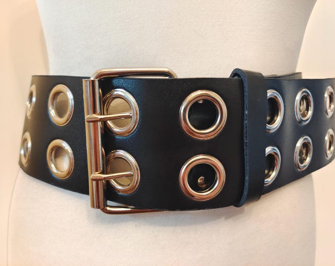 Wide Black Faux Leather Adjustable Double Prong Belt