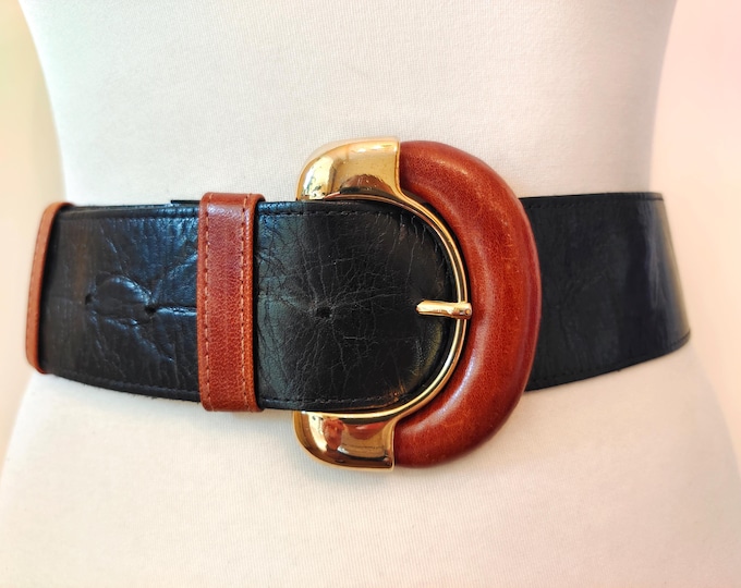 90's Vintage Wide Black Faux Leather Belt