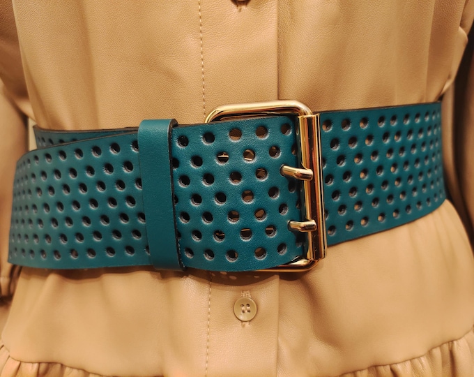 Wide Green Real Leather Belt With Golden Metal Buckle by Schumacher Made in Portugal