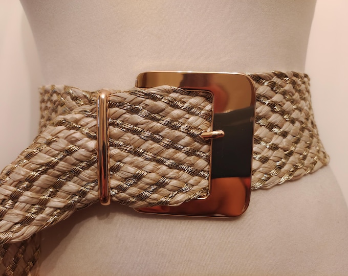 Extra Long & Wide Beige Gold Woven Vegan Adjustable Belt by Tamaris