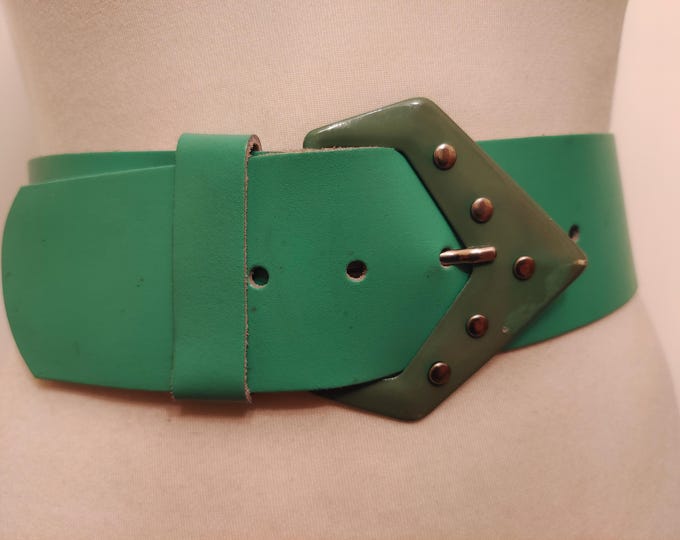 80's Vintage Wide Green Real Leather Belt