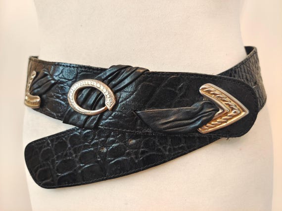 Vintage 80’s black leather belt 1980s Black Leather Thick Belt – Blossom Vintage main image 2