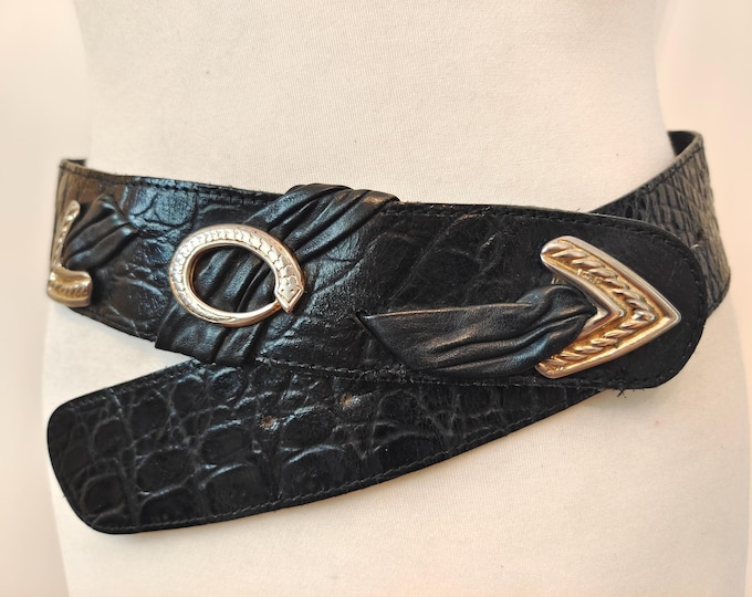 80's Vintage Black Real Leather Belt With Silver Metal Elements