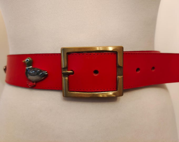 80's Vintage Red Real Leather Belt With Ducks