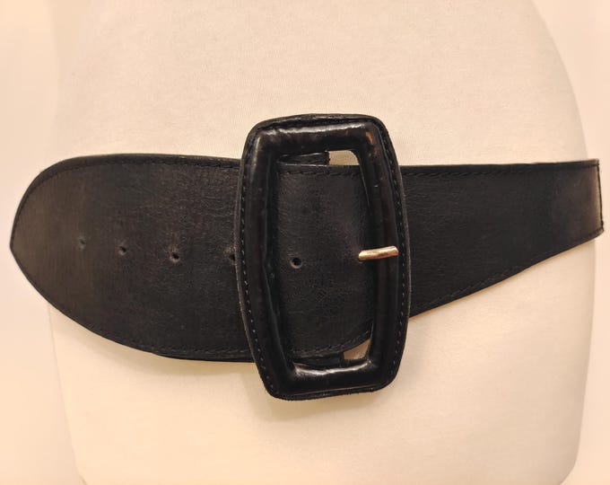 Wide Black Real Leather Belt With Big Leather Buckle by SOLAR