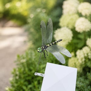 May include: A dragonfly garden ornament featuring translucent, veined wings with a black and yellow striped body and green eyes. The insect is attached to a thin metal wire connected to a white, square-shaped base component.