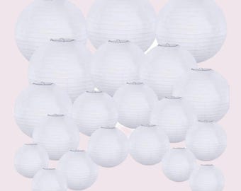 20-Pack White Paper Lanterns - 4” to 12” Hanging Round Lanterns for Weddings, Parties, and DIY Crafts