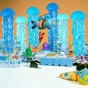 Pack of 6 Blue Jellyfish Paper Lanterns – Hanging Gradient Lanterns for Mermaid Theme Party, Under the Sea Decorations, Ocean Birthday