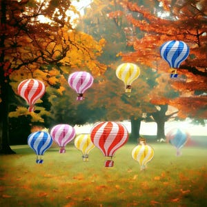 May include: A collection of colorful striped paper lanterns in the shape of hot air balloons, floating in a park setting with fall foliage.
